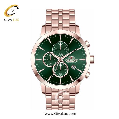 ساعت مچی اورجینال مردانه اورینت (کانتیننتال) | Orient (Continental) سه موتوره کرنوگراف رزگلد | رزگلد| سبز یشمی تیره| کد رفرنس 108