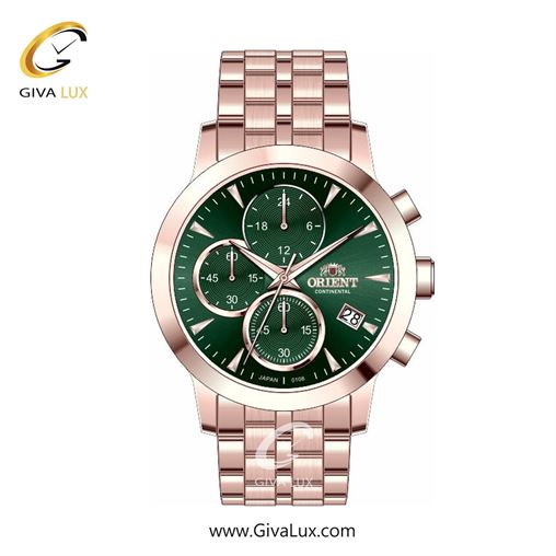 ساعت مچی اورجینال زنانه اورینت (کانتیننتال) | Orient (Continental) سه موتوره کرنوگراف رزگلد | رزگلد| سبز یشمی تیره| کد رفرنس 108