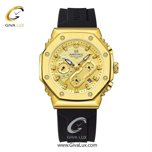 ساعت مچی اورجینال ناوی فورس مردانه سه موتوره کرنوگراف طلایی | مشکی | طلایی | کد رفرنس NF8035-G/B/B