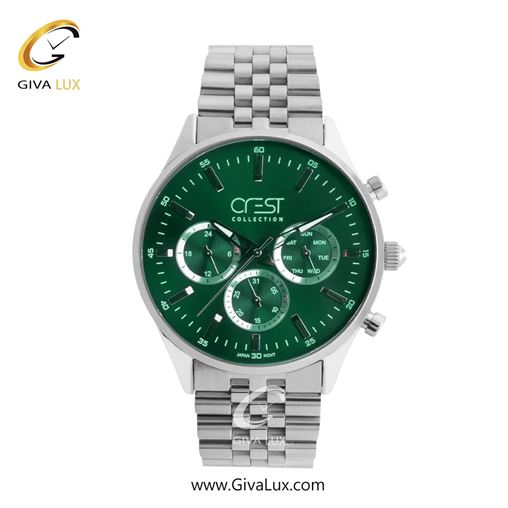 ساعت مچی اورجینال مردانه کرست | Crest سه موتوره فول تایم نقره ای | نقره ای| سبز یشمی تیره| کد رفرنس Crest 9032-3G