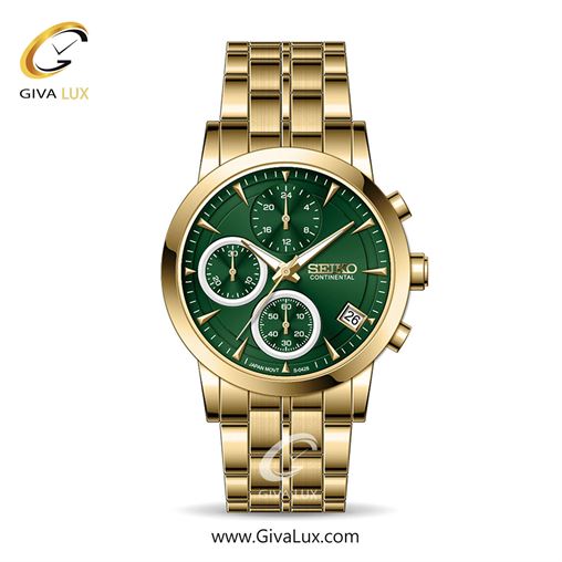 ساعت مچی اورجینال زنانه سیکو (کانتیننتال) | Seiko (Continental)  سه موتوره کرنوگراف طلایی | طلایی| سبز یشمی تیره| کد رفرنس 0428