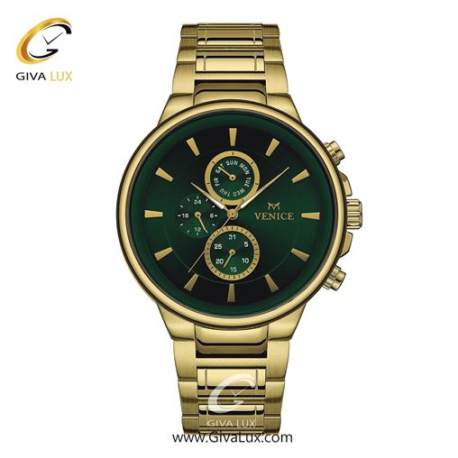 ساعت مچی اورجینال مردانه ونیز سه موتوره فول تایم طلایی | طلایی| سبز یشمی تیره| کد رفرنس V801542802